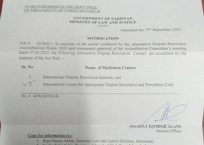 ICADRP Recognized as Government Designated ADR Centre by the Ministry of Law and Justice, Pakistan, 2023